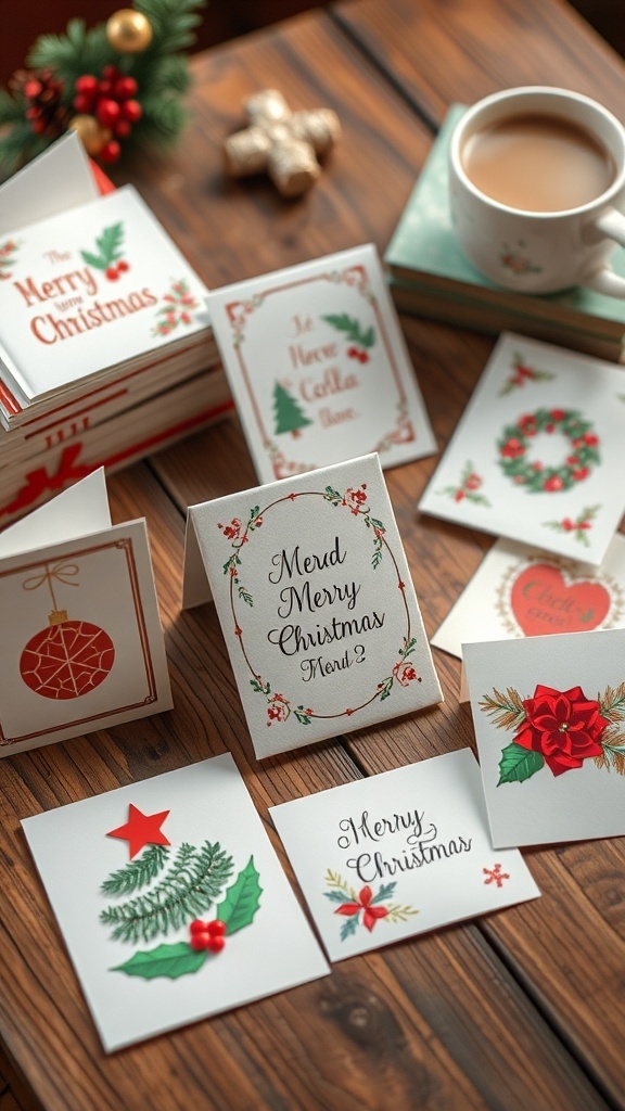 A variety of DIY folded Christmas cards with festive designs on a wooden table.